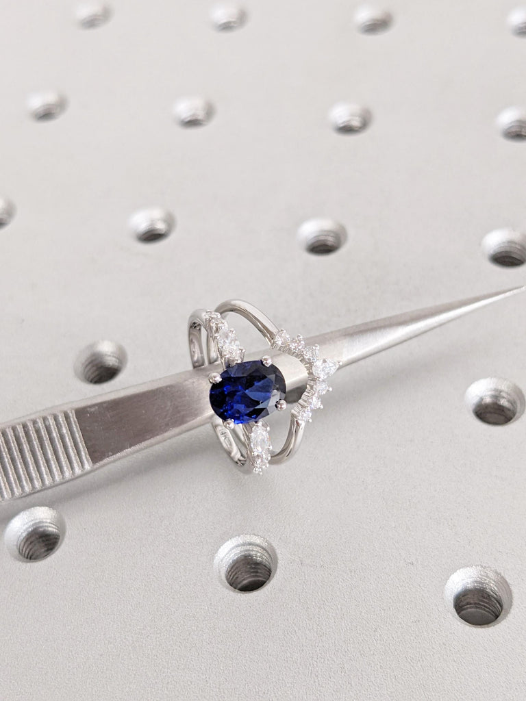 0.5-4ct Blue Oval Sapphire Ring, 14K/18K Gold Bridal Set, Wedding Ring Set, Engagement Ring Set, Promise Ring, Lab Sapphire Birthstone Ring image #9