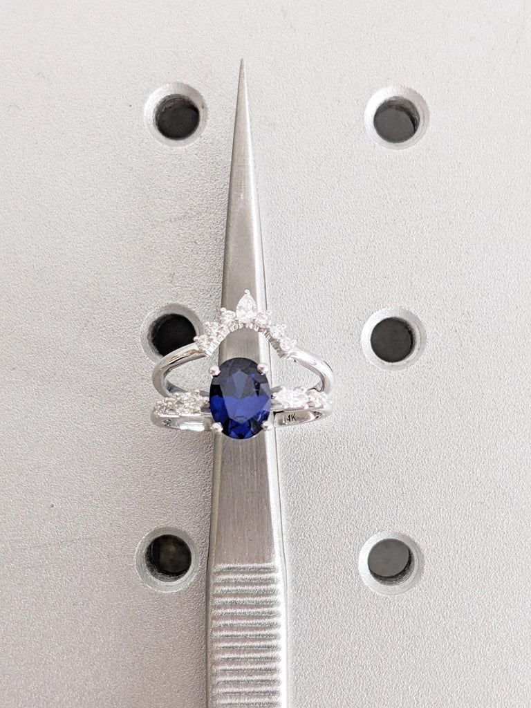 0.5-4ct Blue Oval Sapphire Ring, 14K/18K Gold Bridal Set, Wedding Ring Set, Engagement Ring Set, Promise Ring, Lab Sapphire Birthstone Ring image #7