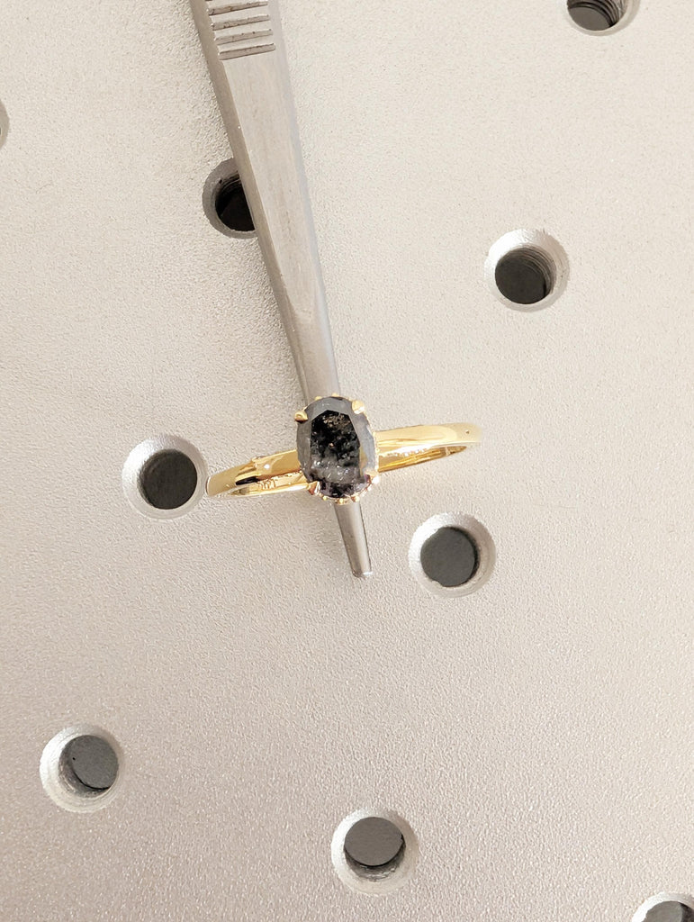 Salt and Pepper Diamond Engagement Ring, Dainty 14K Yellow Gold Hidden Halo Wedding Ring for Her, Oval Solitaire Ring, Vintage Promise Rings image #3