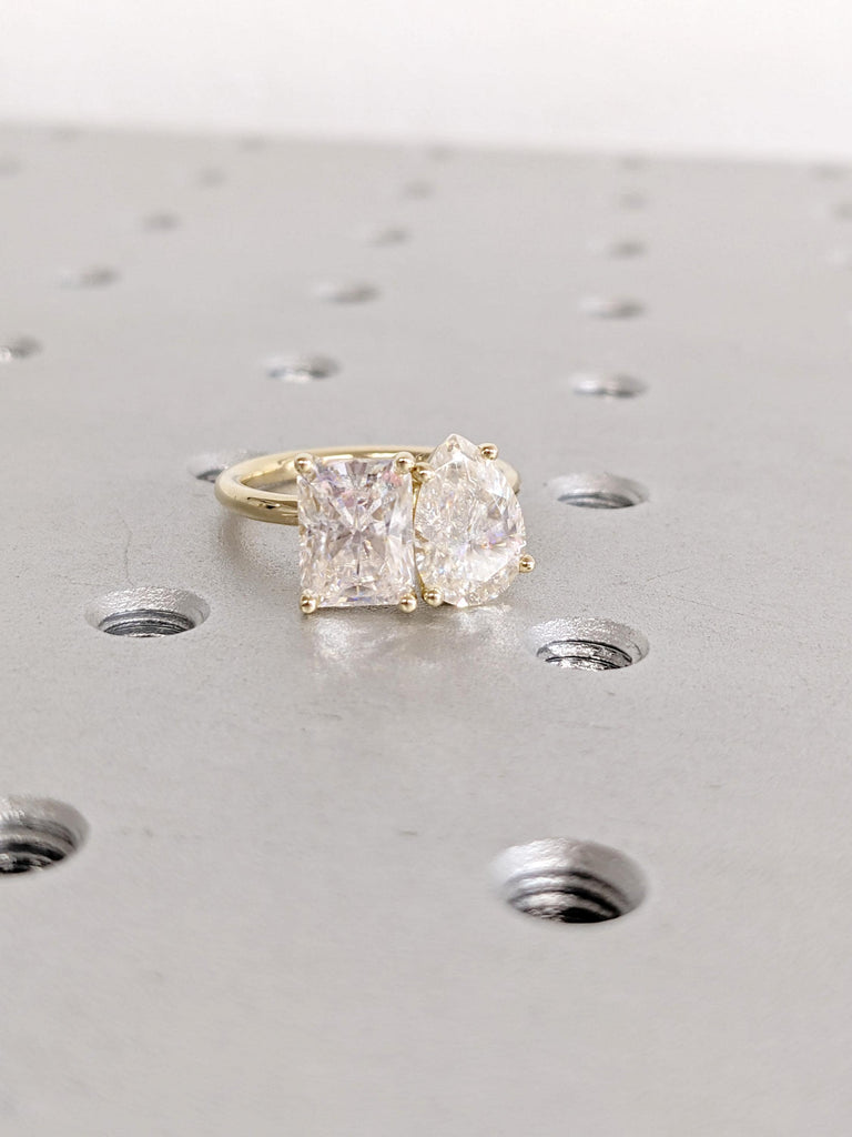 Pear & Radiant Cut Moissanite Engagement Ring, Prong Set Toi Et Moi Ring, 14K Solid Gold Two Stone Promise Ring, Double Stone Ring For Her