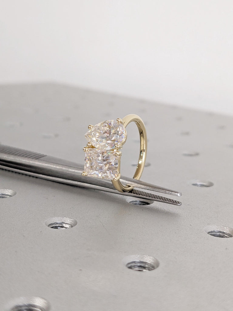 Pear & Radiant Cut Moissanite Engagement Ring, Prong Set Toi Et Moi Ring, 14K Solid Gold Two Stone Promise Ring, Double Stone Ring For Her