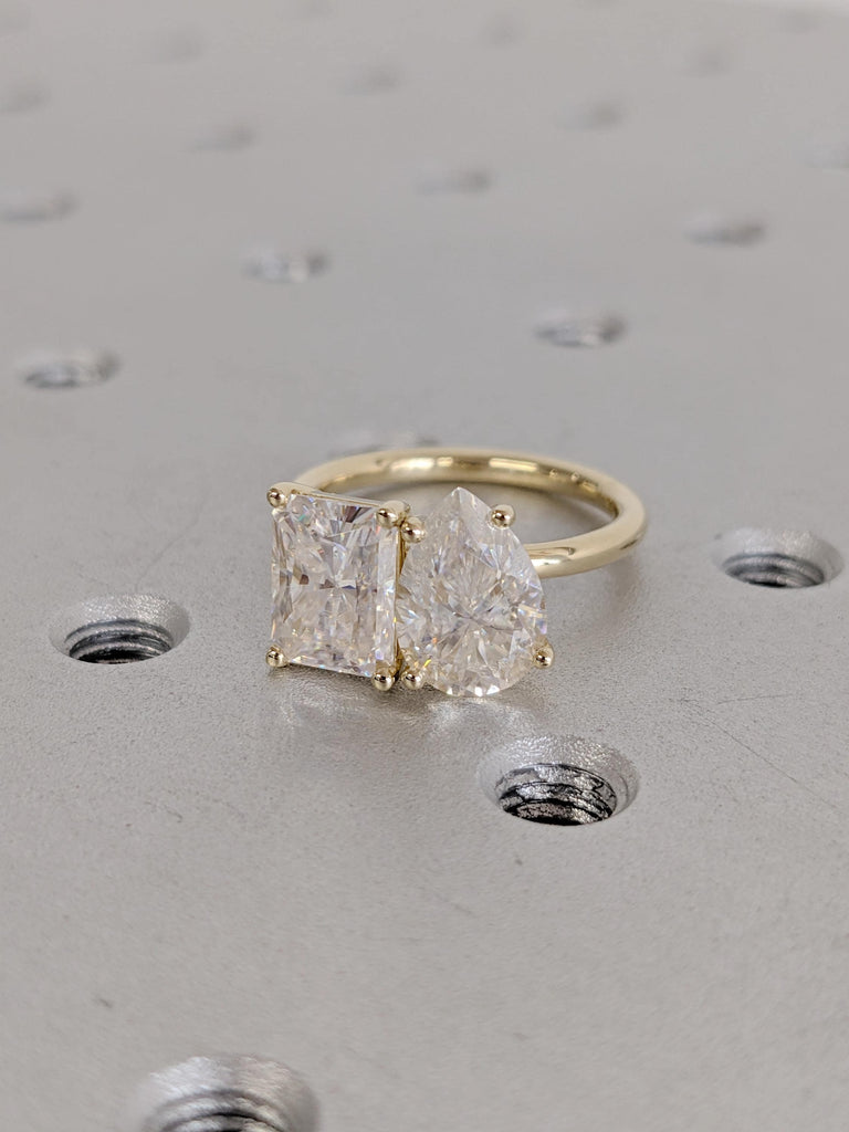 Pear & Radiant Cut Moissanite Engagement Ring, Prong Set Toi Et Moi Ring, 14K Solid Gold Two Stone Promise Ring, Double Stone Ring For Her