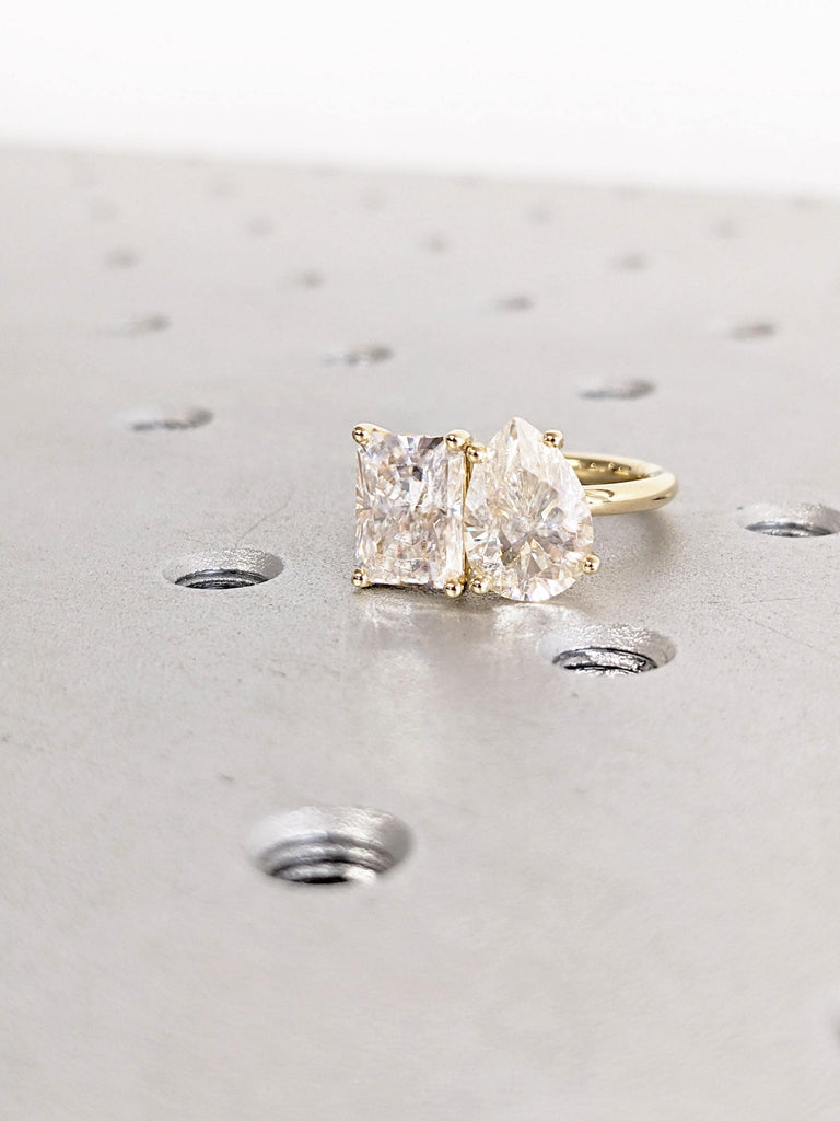 Pear & Radiant Cut Moissanite Engagement Ring, Prong Set Toi Et Moi Ring, 14K Solid Gold Two Stone Promise Ring, Double Stone Ring For Her