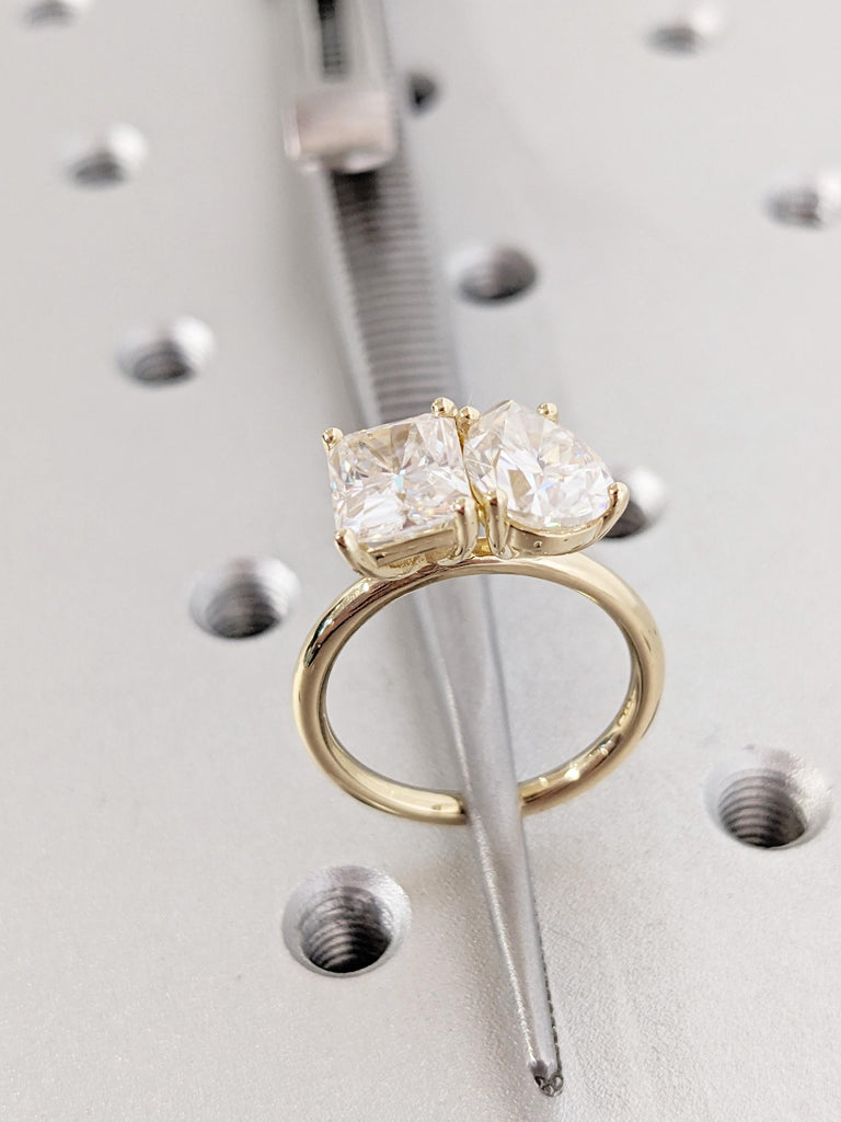 Pear & Radiant Cut Moissanite Engagement Ring, Prong Set Toi Et Moi Ring, 14K Solid Gold Two Stone Promise Ring, Double Stone Ring For Her