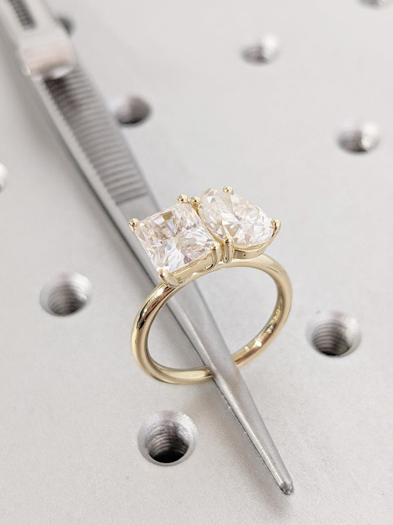 Pear & Radiant Cut Moissanite Engagement Ring, Prong Set Toi Et Moi Ring, 14K Solid Gold Two Stone Promise Ring, Double Stone Ring For Her