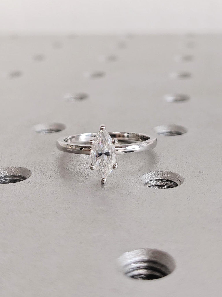 14K White Gold Moissanite Engagement Ring, Marquise Cut Moissanite Solitaire Ring, Modern Bridal Wedding Ring, Anniversary Gift For Her