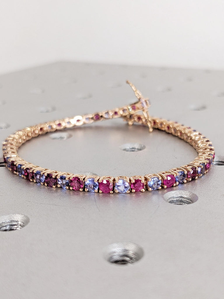 Minimalist 14k Rose Gold Tennis Bracelet, Multicolor 3mm Natural Ruby, Tanzanite Gemstone Bracelet for Women, Vintage Red Ruby Jewelry