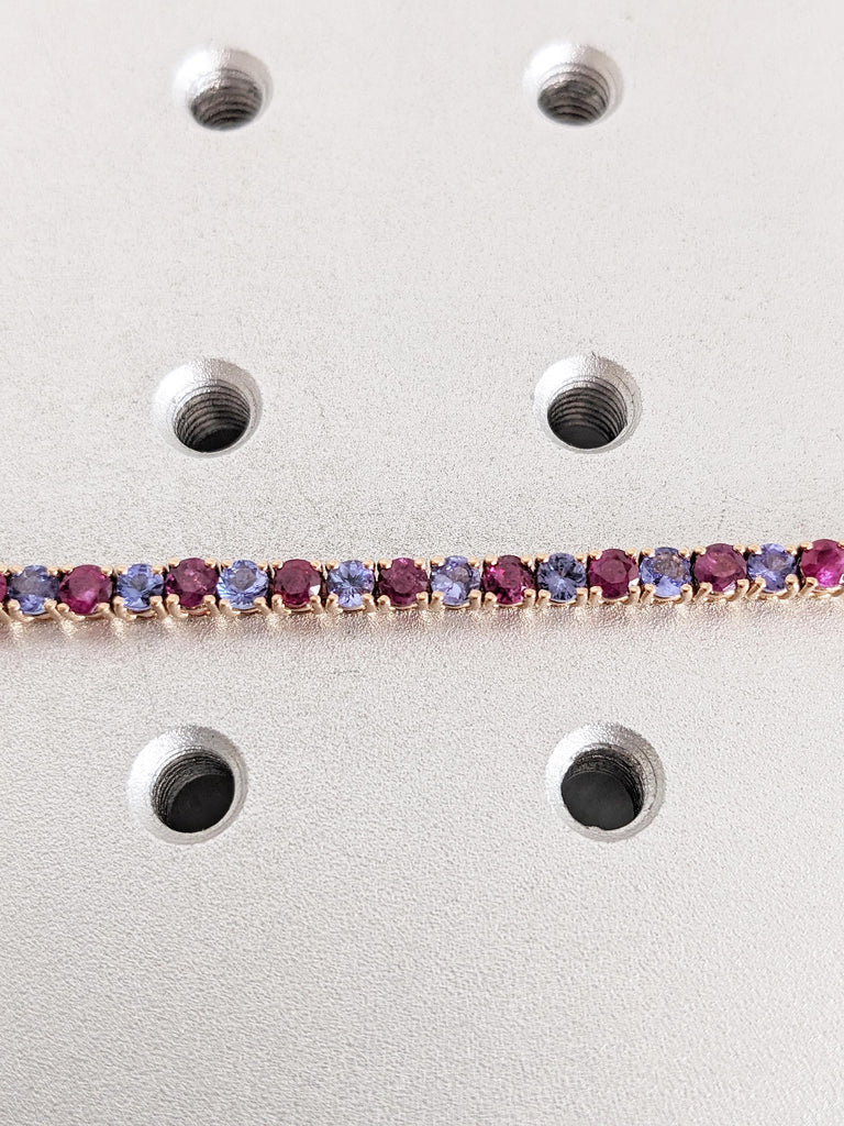 Minimalist 14k Rose Gold Tennis Bracelet, Multicolor 3mm Natural Ruby, Tanzanite Gemstone Bracelet for Women, Vintage Red Ruby Jewelry