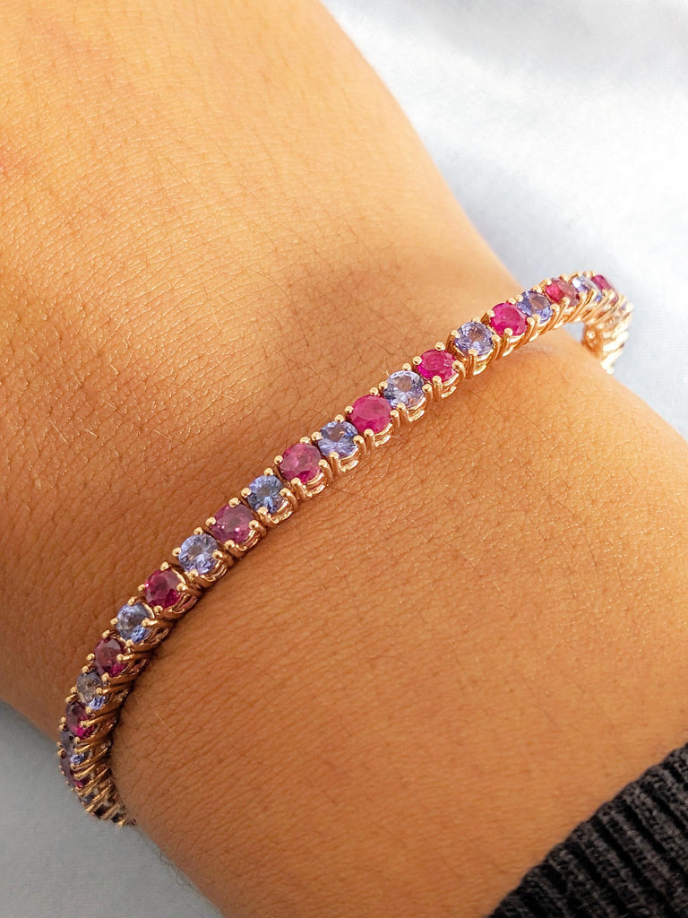 Minimalist 14k Rose Gold Tennis Bracelet, Multicolor 3mm Natural Ruby, Tanzanite Gemstone Bracelet for Women, Vintage Red Ruby Jewelry