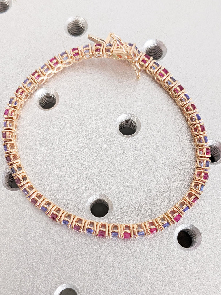 Minimalist 14k Rose Gold Tennis Bracelet, Multicolor 3mm Natural Ruby, Tanzanite Gemstone Bracelet for Women, Vintage Red Ruby Jewelry