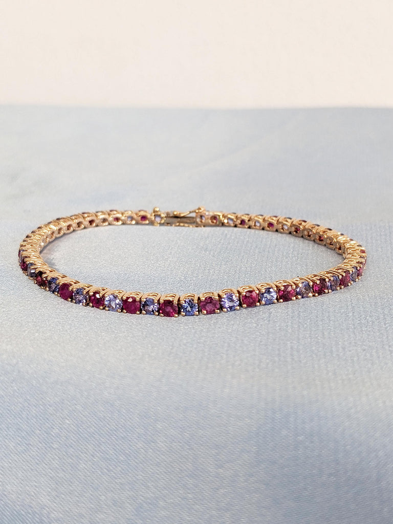 Minimalist 14k Rose Gold Tennis Bracelet, Multicolor 3mm Natural Ruby, Tanzanite Gemstone Bracelet for Women, Vintage Red Ruby Jewelry