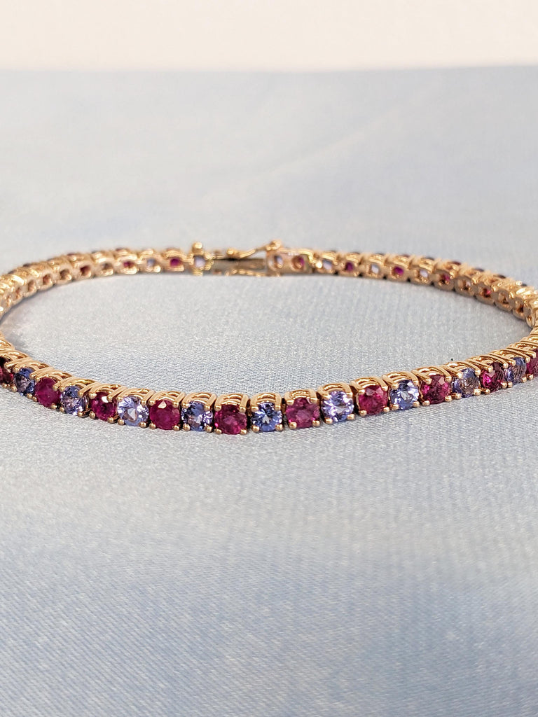 Minimalist 14k Rose Gold Tennis Bracelet, Multicolor 3mm Natural Ruby, Tanzanite Gemstone Bracelet for Women, Vintage Red Ruby Jewelry