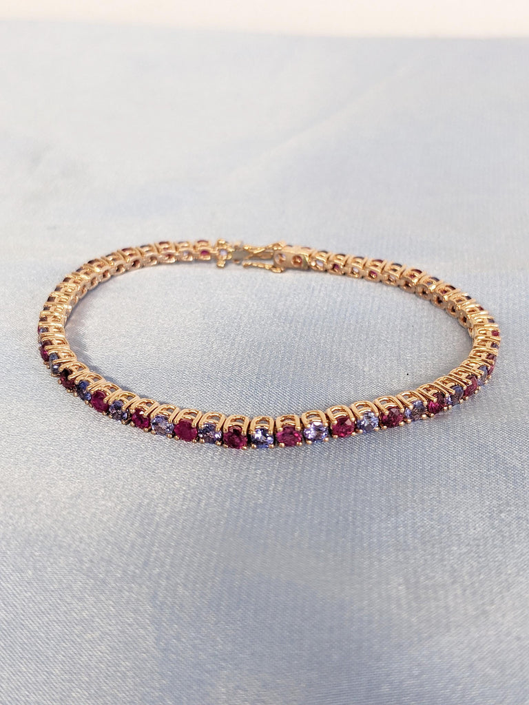 Minimalist 14k Rose Gold Tennis Bracelet, Multicolor 3mm Natural Ruby, Tanzanite Gemstone Bracelet for Women, Vintage Red Ruby Jewelry