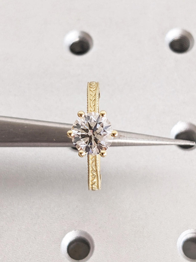 Gold Lab Diamond Engagement Ring, Vintage Milgrain Wedding Band, Women Gold Lab Diamond Ring, Proposal Ring For Her, Custom Christmas Gift image #1