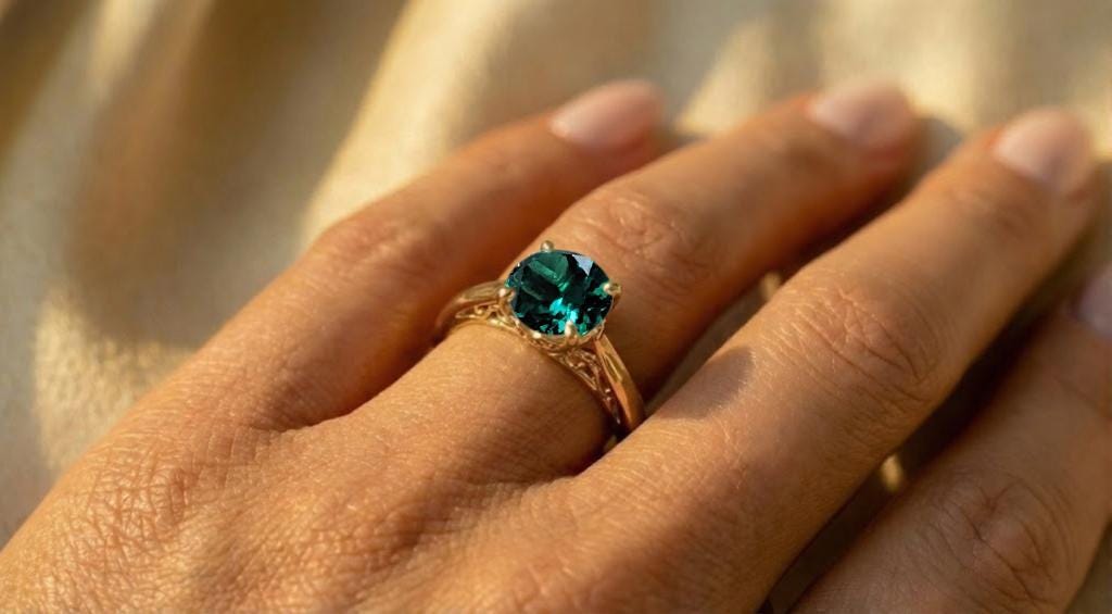 Vintage Emerald Engagement Ring, Minimalist 14k Solid Gold Filigree Ring for Her image #3