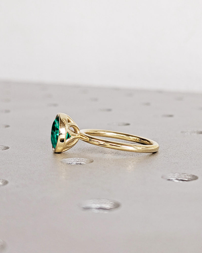 Vintage Green Emerald Bezel Ring, Emerald Engagement Ring, Tulip Lotus Floral Basket Promise Ring, Gemstone Ring, May Birthstone, Solid Gold image #4