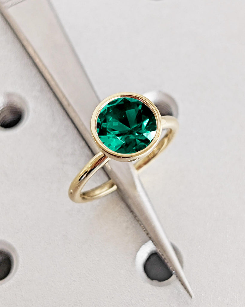 Vintage Green Emerald Bezel Ring, Emerald Engagement Ring, Tulip Lotus Floral Basket Promise Ring, Gemstone Ring, May Birthstone, Solid Gold image #5