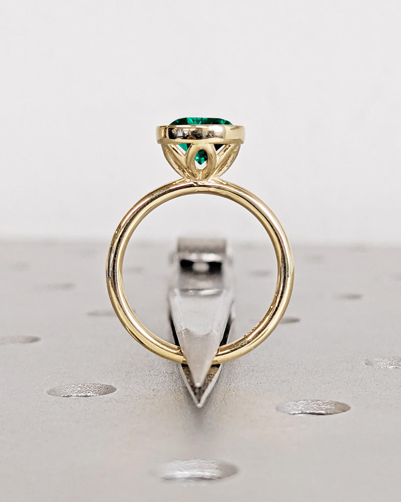 Vintage Green Emerald Bezel Ring, Emerald Engagement Ring, Tulip Lotus Floral Basket Promise Ring, Gemstone Ring, May Birthstone, Solid Gold image #2