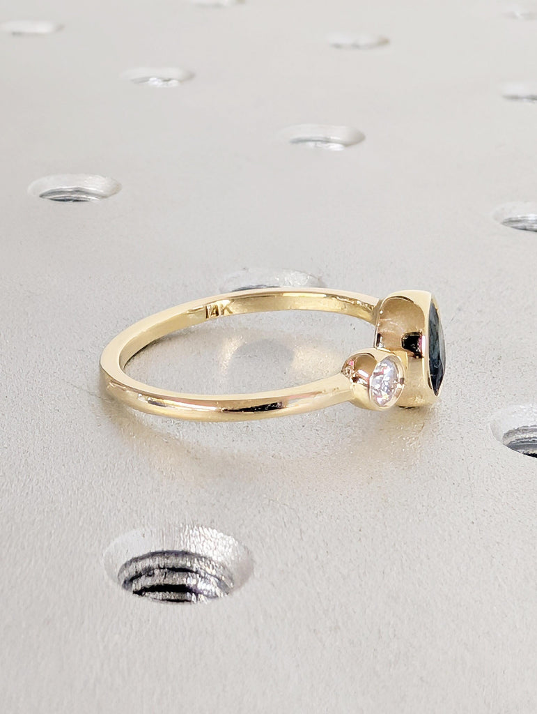 Oval Teal Sapphire Engagement Ring, Art Deco 14k Solid Gold Bezel Set Ring image #6