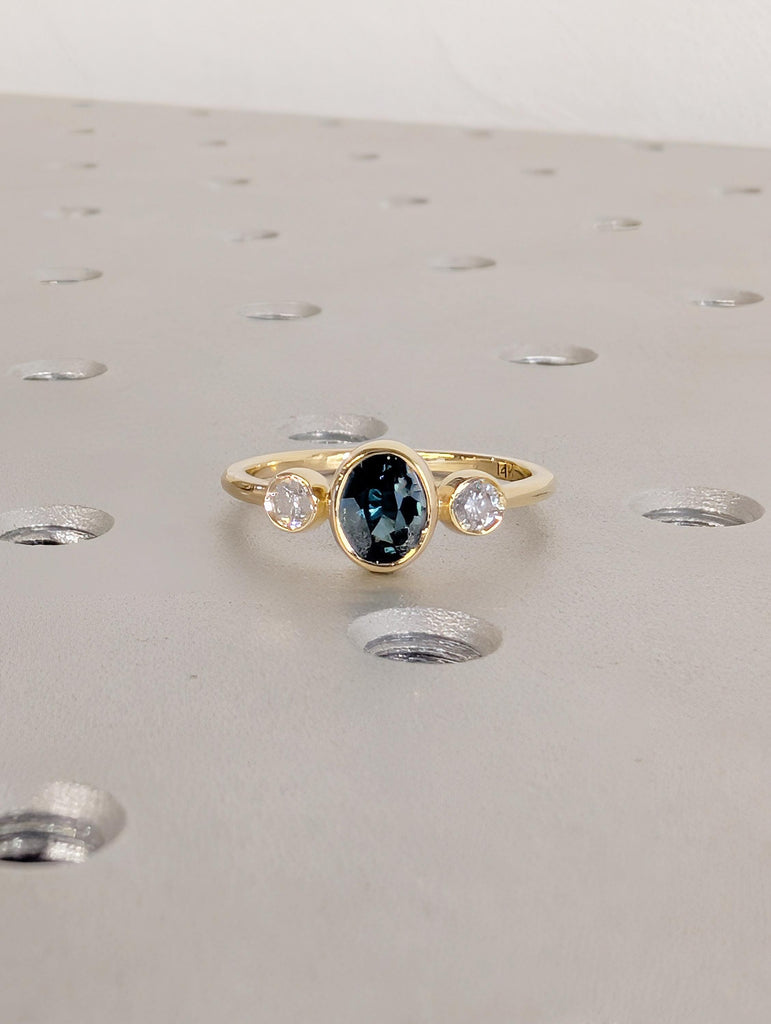 Bezel Set Montana Sapphire Ring, 14K Yellow Gold Three Stone Engagement Ring, Oval Blue Green Sapphire September Birthstone and Diamond Ring image #11
