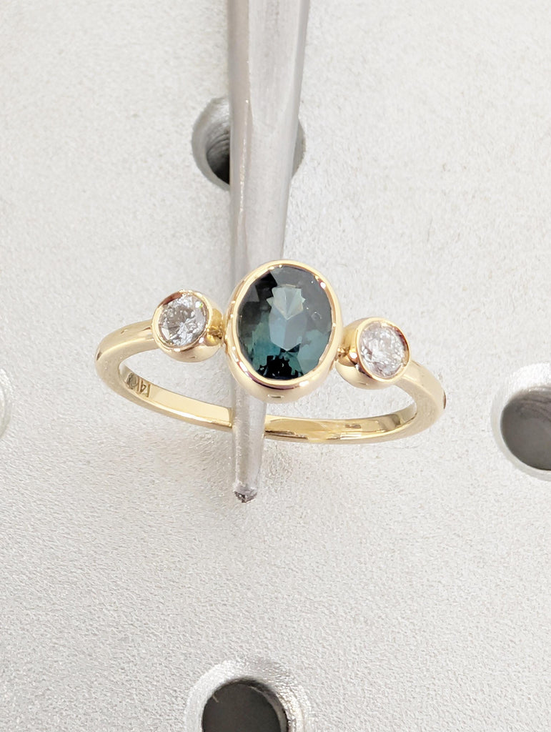 Oval Teal Sapphire Engagement Ring, Art Deco 14k Solid Gold Bezel Set Ring image #4