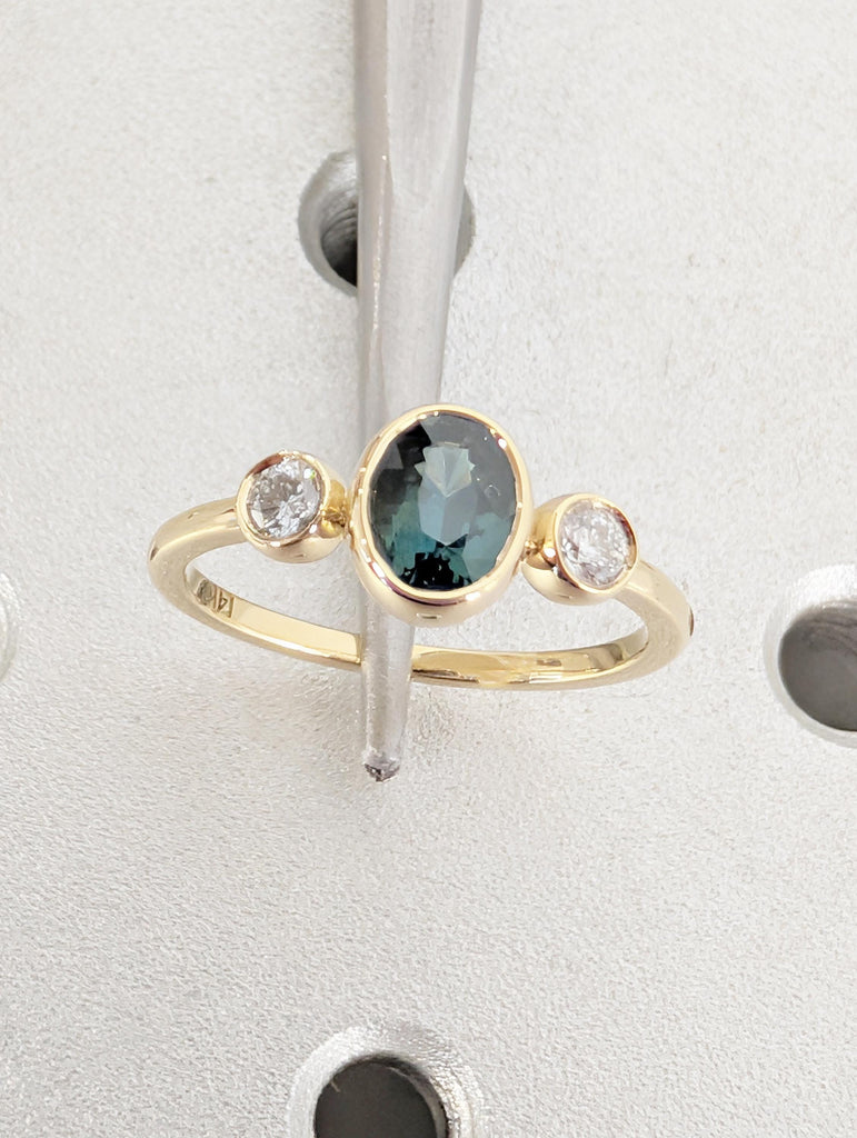 Bezel Set Montana Sapphire Ring, 14K Yellow Gold Three Stone Engagement Ring, Oval Blue Green Sapphire September Birthstone and Diamond Ring image #4