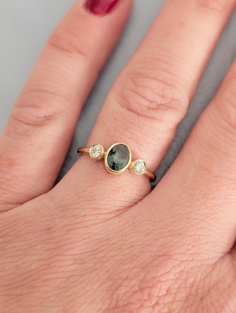 Bezel Set Montana Sapphire Ring, 14K Yellow Gold Three Stone Engagement Ring, Oval Blue Green Sapphire September Birthstone and Diamond Ring image #2