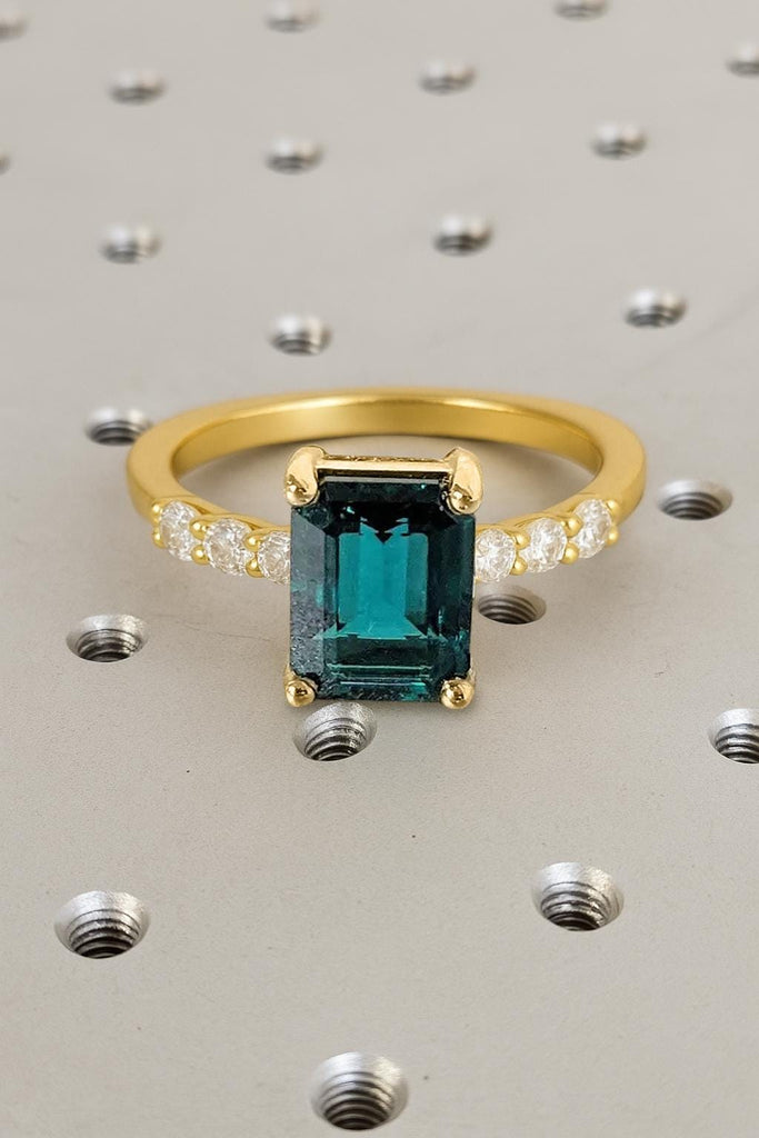 Emerald Cut Emerald Engagement Ring, 14k Gold Moissanite and May Birthstone Ring image #2