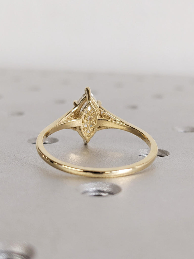 Antique Heirloom Lab Diamond Ring, Victorian Style Marquise cut Engagement Ring, Filigree Engraved 14K Yellow Gold Band image #6