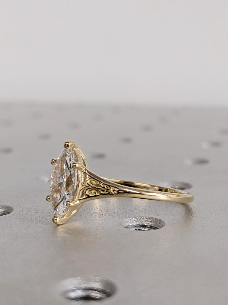 Antique Heirloom Lab Diamond Ring, Victorian Style Marquise cut Engagement Ring, Filigree Engraved 14K Yellow Gold Band image #7