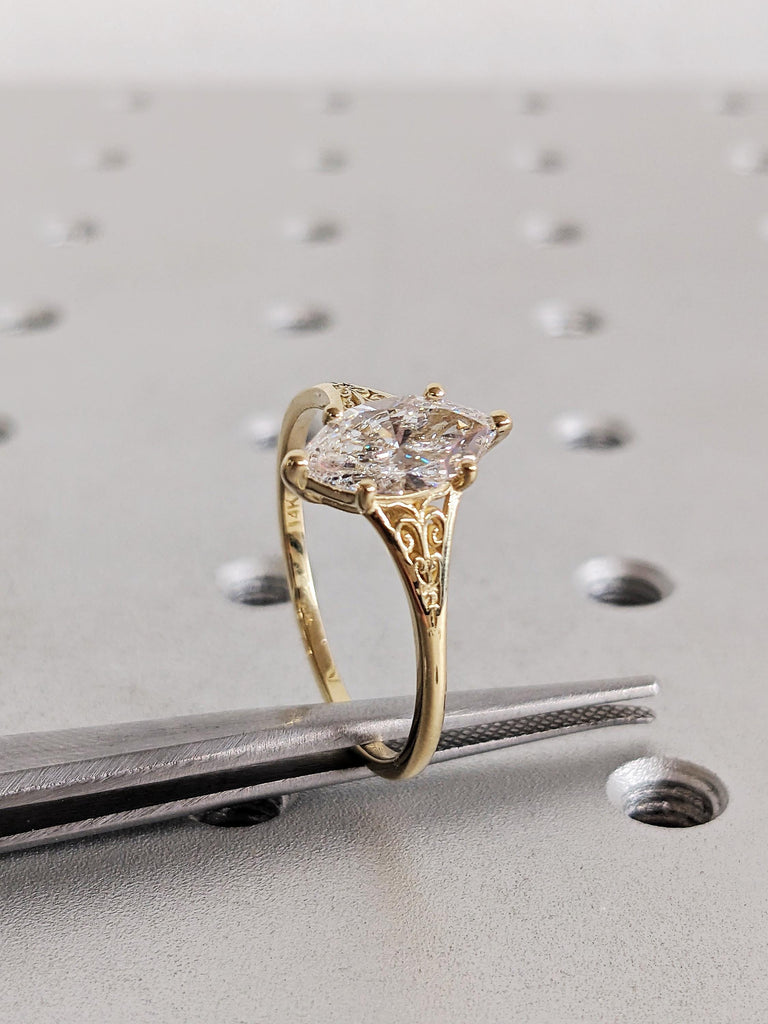 Antique Heirloom Lab Diamond Ring, Victorian Style Marquise cut Engagement Ring, Filigree Engraved 14K Yellow Gold Band image #8
