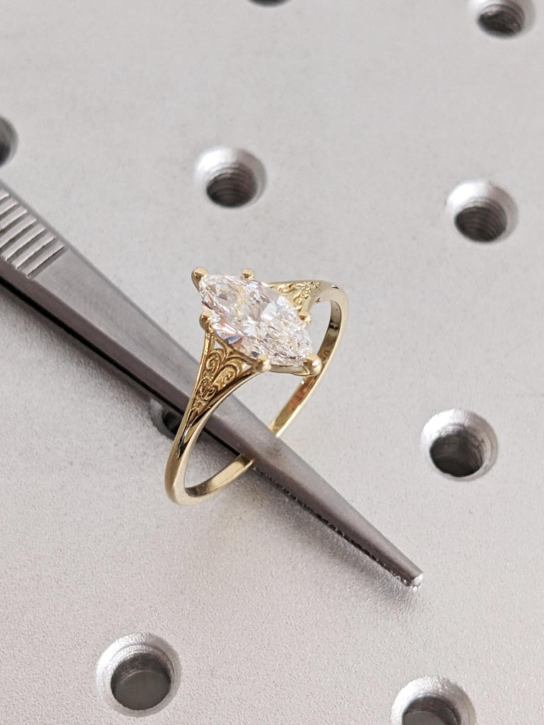 Antique Heirloom Lab Diamond Ring, Victorian Style Marquise cut Engagement Ring, Filigree Engraved 14K Yellow Gold Band image #9