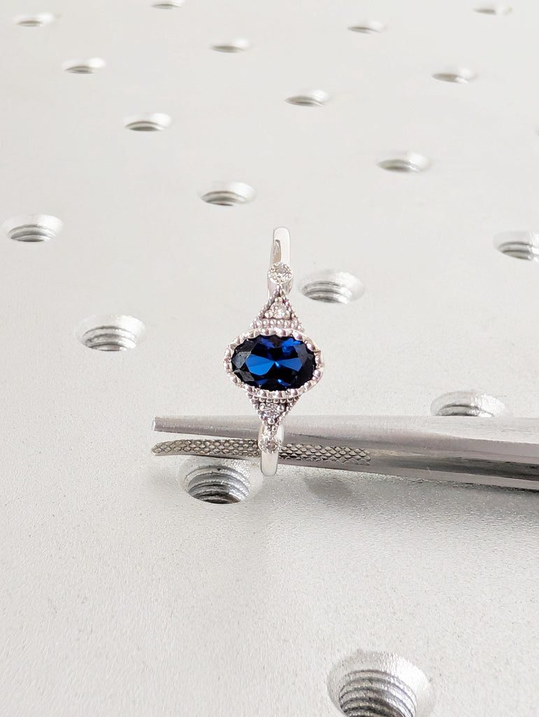 Sapphire Engagement Ring, Vintage Art Deco Lab Sapphire Ring, 14K/18K White Gold Milgrain Bezel Blue Sapphire Wedding Ring, Birthstone Ring