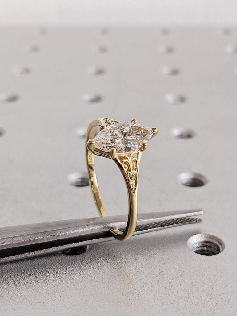 14K Gold Heirloom Moissanite Engagement Ring, Marquise Cut Victorian Filigree Band, Antique Proposal Ring, Women's Wedding Anniversary Ring image #7