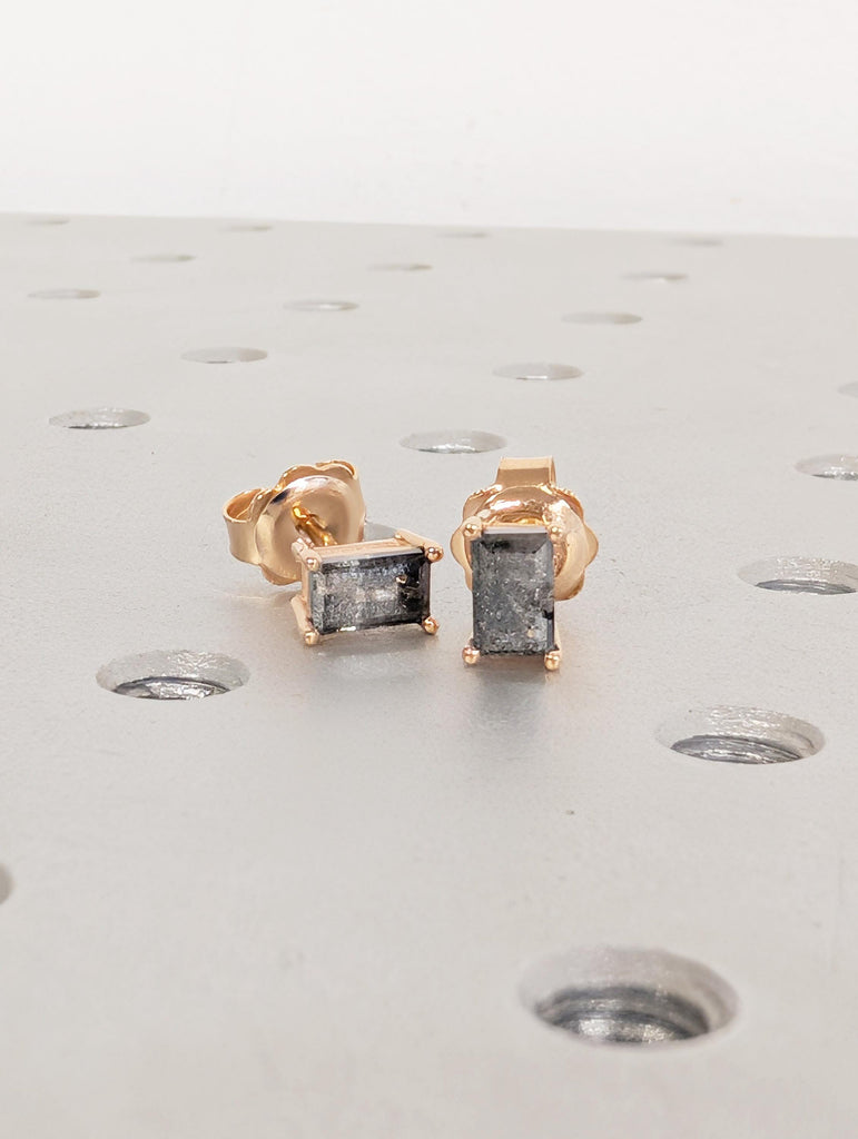 Baguette Salt and Pepper Diamond 18K Gold Stud Earrings, Unique Stud Earrings For Women, Rose Gold Minimalist Earrings, Everyday Earrings image #3