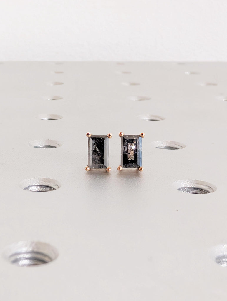 Baguette Salt and Pepper Diamond 18K Gold Stud Earrings, Unique Stud Earrings For Women, Rose Gold Minimalist Earrings, Everyday Earrings image #10