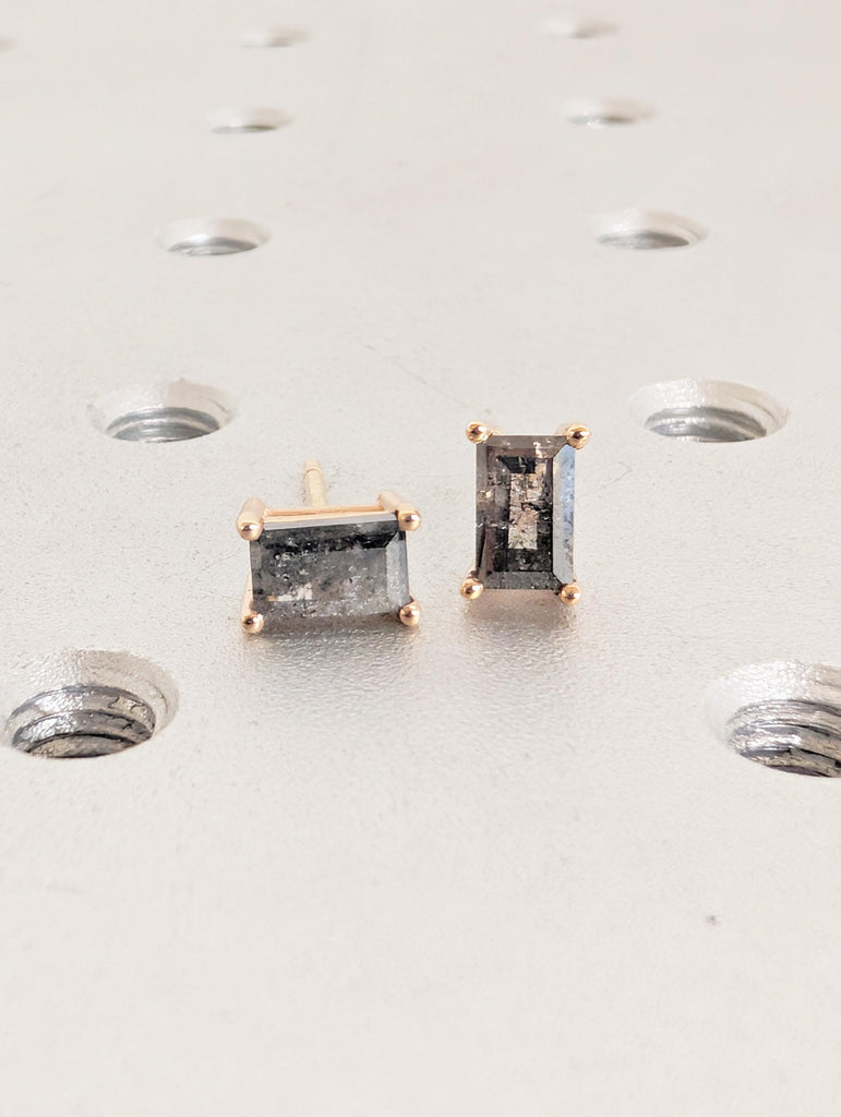 Baguette Salt and Pepper Diamond 18K Gold Stud Earrings, Unique Stud Earrings For Women, Rose Gold Minimalist Earrings, Everyday Earrings image #12