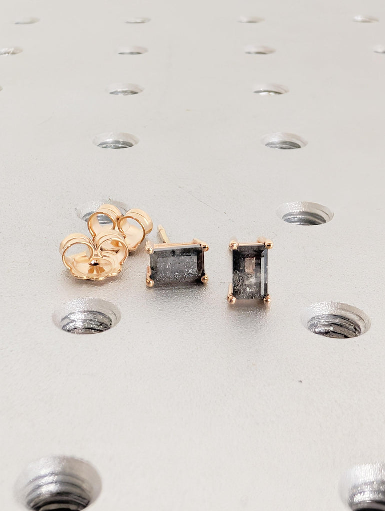 Baguette Salt and Pepper Diamond 18K Gold Stud Earrings, Unique Stud Earrings For Women, Rose Gold Minimalist Earrings, Everyday Earrings image #5