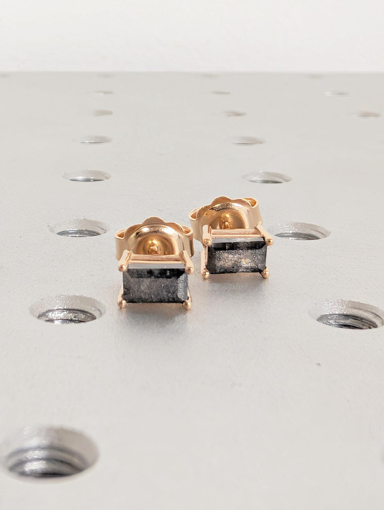 Baguette Salt and Pepper Diamond 18K Gold Stud Earrings, Unique Stud Earrings For Women, Rose Gold Minimalist Earrings, Everyday Earrings image #16