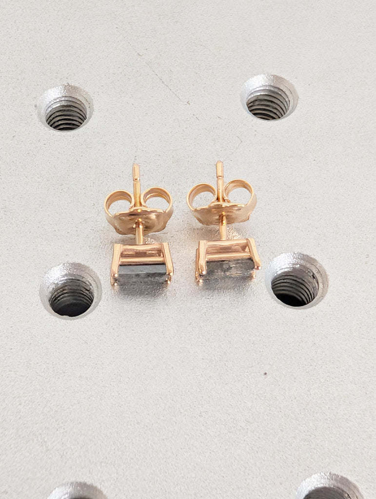 Baguette Salt and Pepper Diamond 18K Gold Stud Earrings, Unique Stud Earrings For Women, Rose Gold Minimalist Earrings, Everyday Earrings image #17