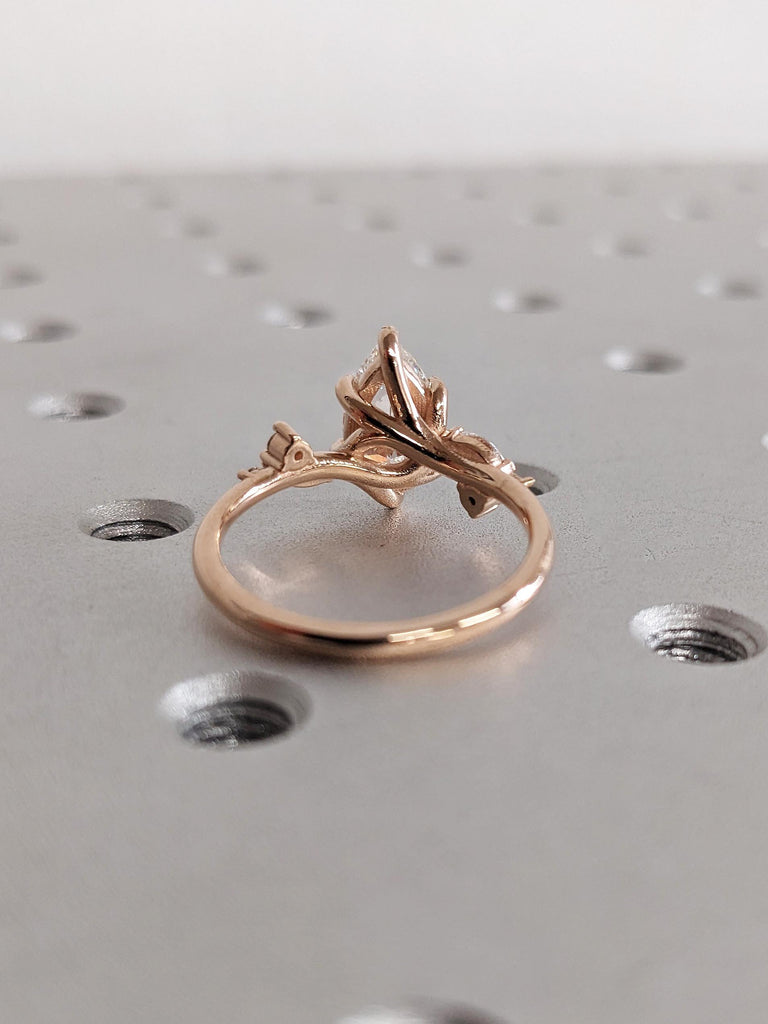 Pear Cut Moissanite Nature Inspired Engagement Ring, 14K Rose Gold Dainty Round Marquise Diamond Wedding Band