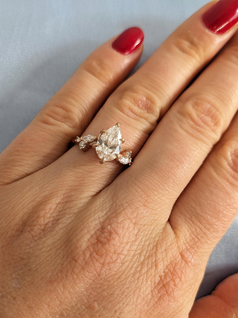 Pear Cut Moissanite Nature Inspired Engagement Ring, 14K Rose Gold Dainty Round Marquise Diamond Wedding Band