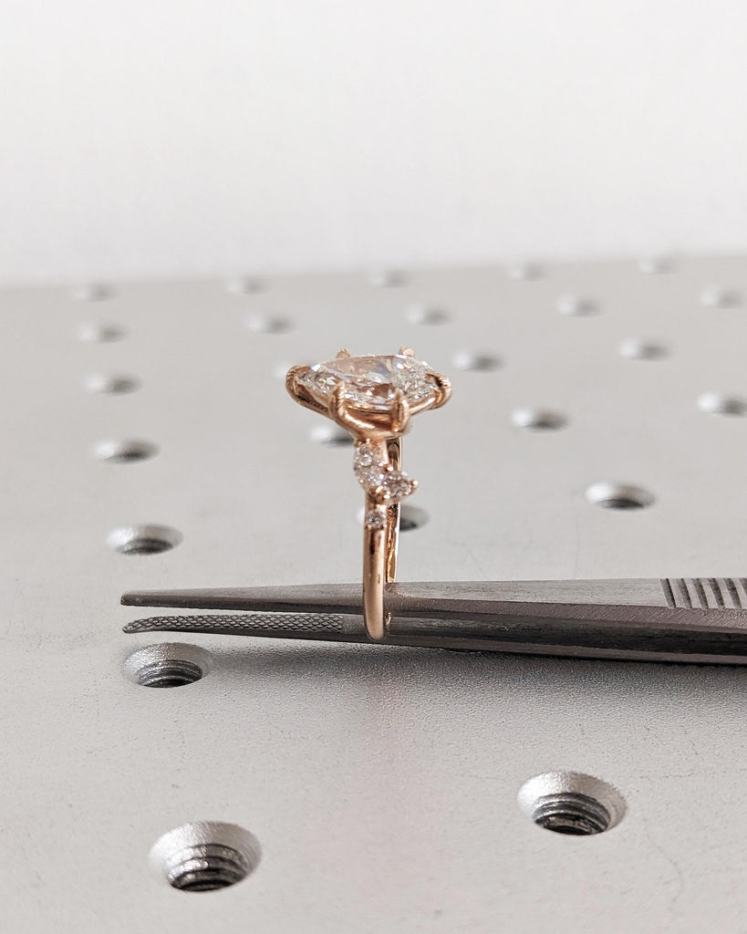 Pear Cut Moissanite Nature Inspired Engagement Ring, 14K Rose Gold Dainty Round Marquise Diamond Wedding Band