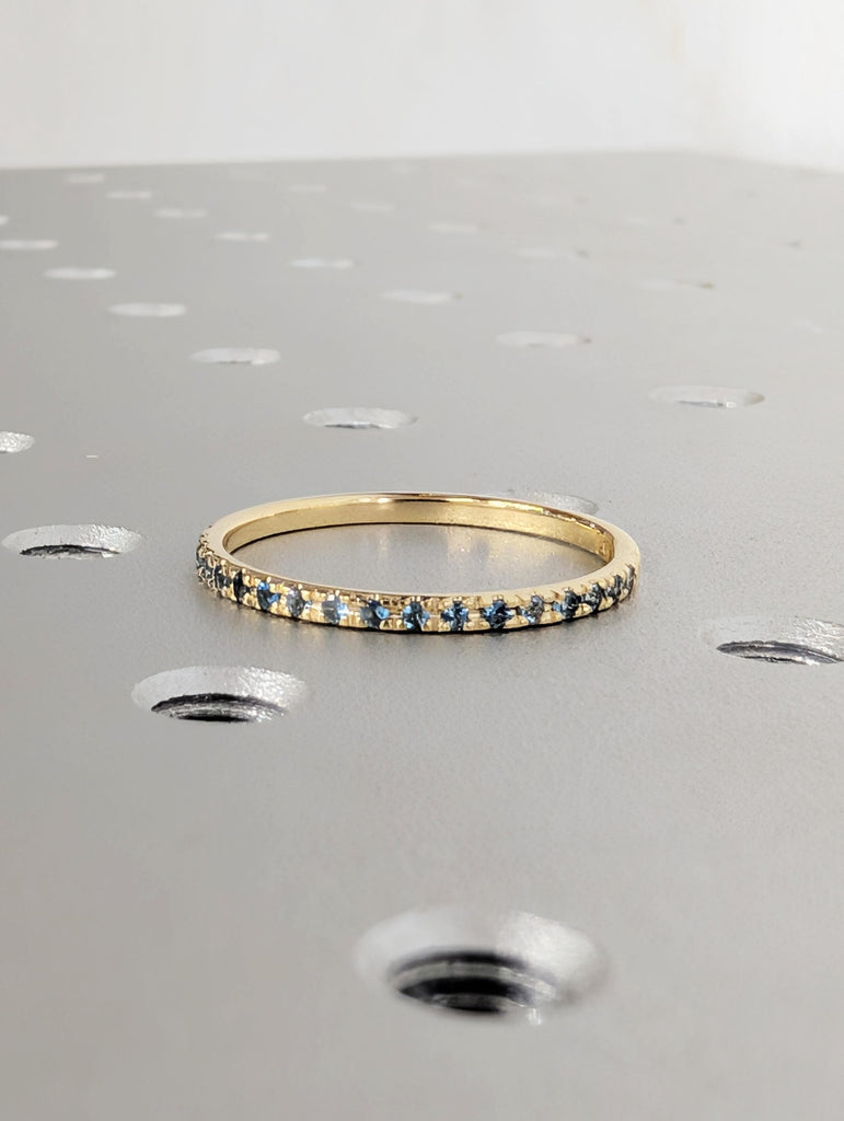 Natural Blue Topaz Wedding Band, Dainty 14K Yellow Gold Eternity Matching Ring, Sagittarius Birthstone Jewelry image #3