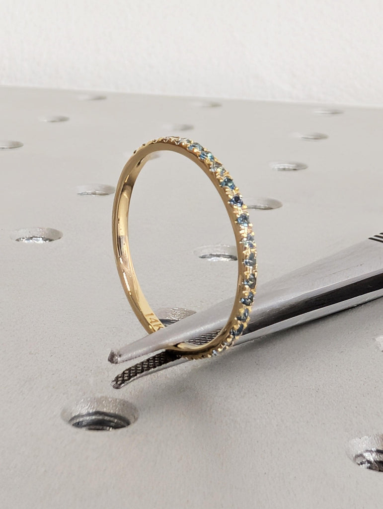 Natural Blue Topaz Wedding Band, Dainty 14K Yellow Gold Eternity Matching Ring, Sagittarius Birthstone Jewelry image #10