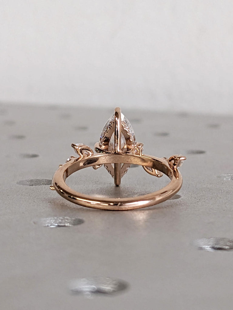 Hidden Halo Rose Gold Moissanite Nature Engagement Ring, Round Marquise Cut Diamond Leaf Ring, Multi Stone Wedding Band