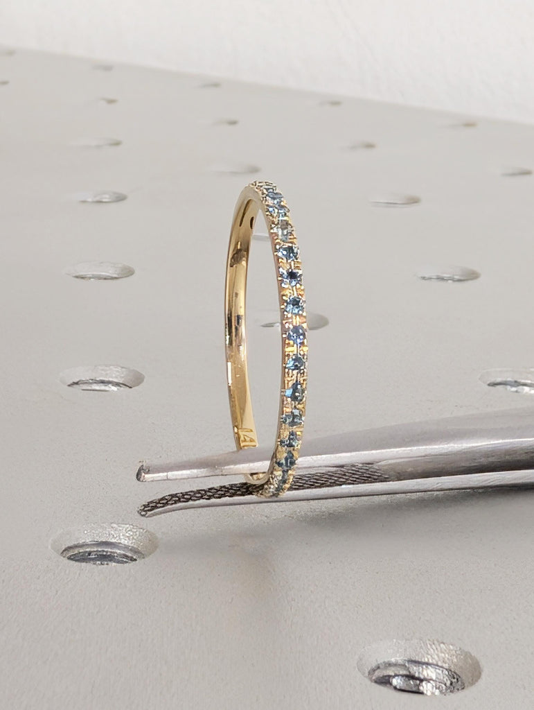 Natural Blue Topaz Wedding Band, Dainty 14K Yellow Gold Eternity Matching Ring, Sagittarius Birthstone Jewelry