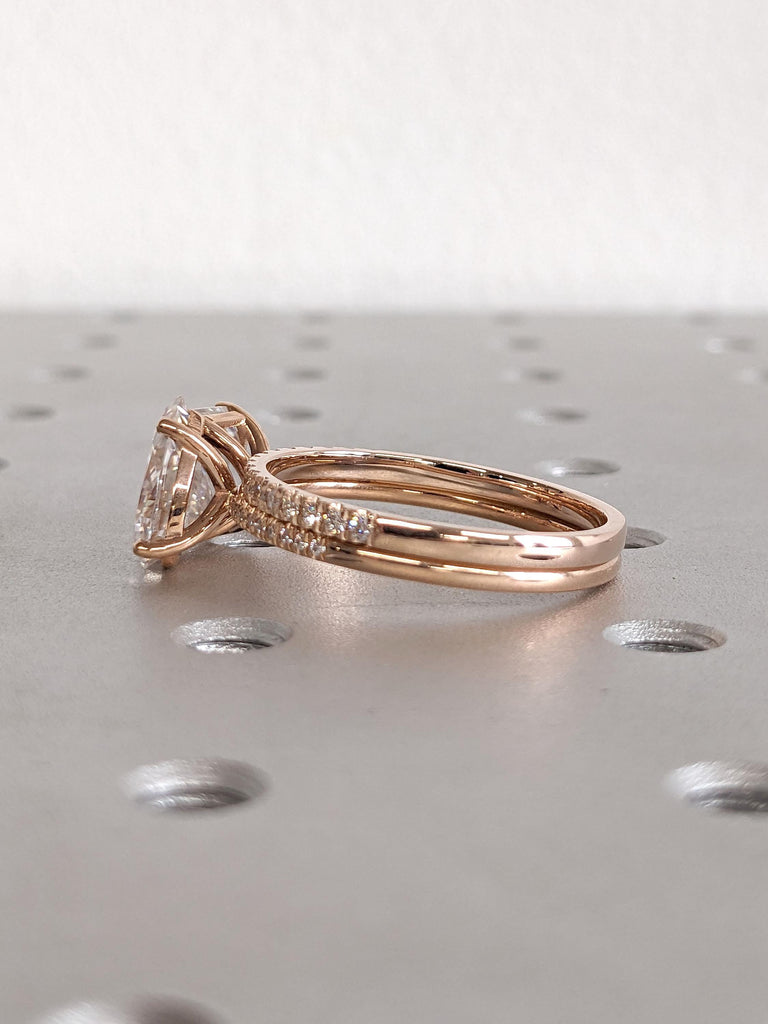 Two Stone VVS Moissanite Rose Gold Engagement Ring Set | 1-4ct Emerald and Pear cut Moissanite | Diamond Eternity Band Stacking Ring