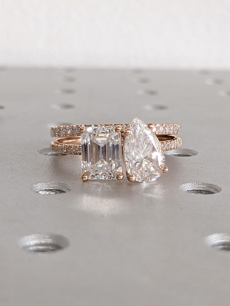 Two Stone VVS Moissanite Rose Gold Engagement Ring Set | 1-4ct Emerald and Pear cut Moissanite | Diamond Eternity Band Stacking Ring