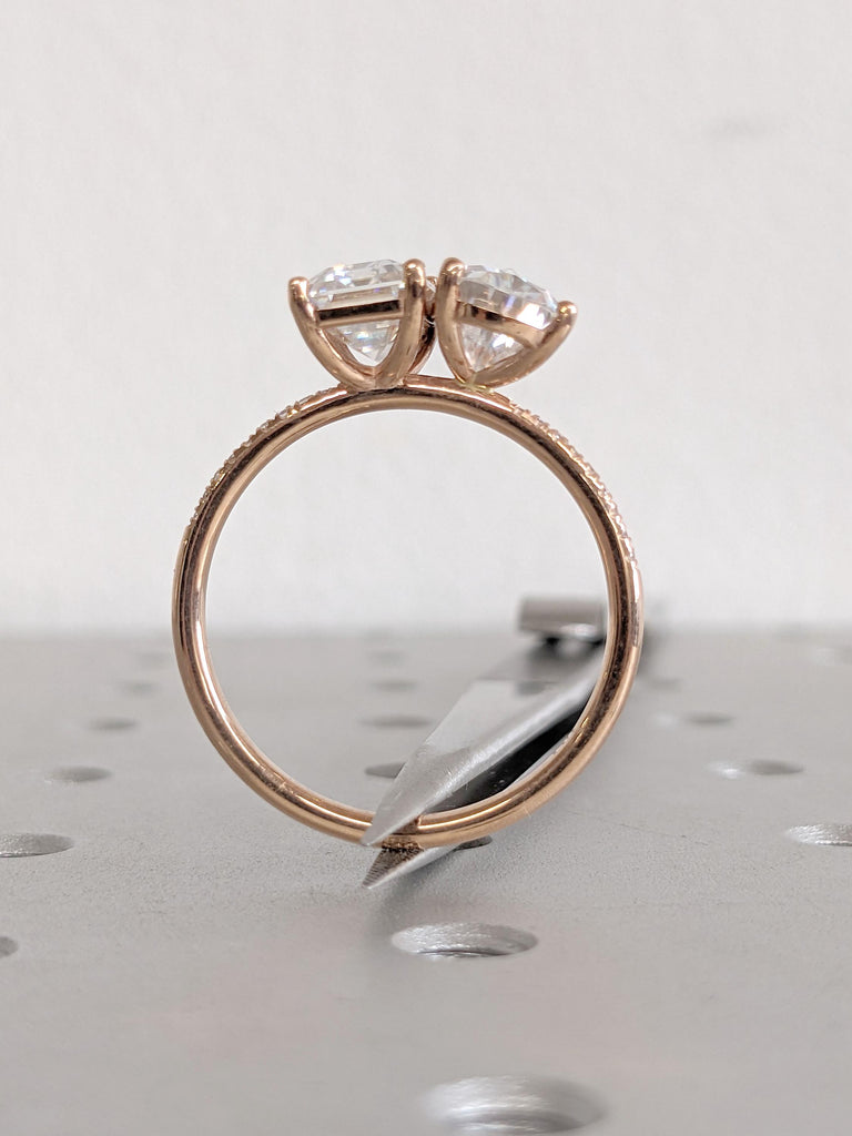 Two Stone VVS Moissanite Rose Gold Engagement Ring Set | 1-4ct Emerald and Pear cut Moissanite | Diamond Eternity Band Stacking Ring